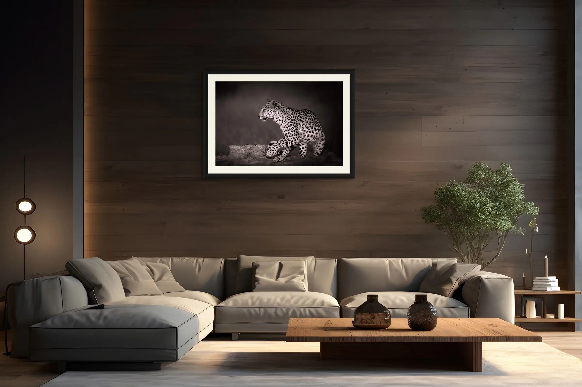 A black-and-white African wildlife photograph of a kalahari leopard, framed as a fine art photo print on archival quality fine art matte paper., displayed in a modern home