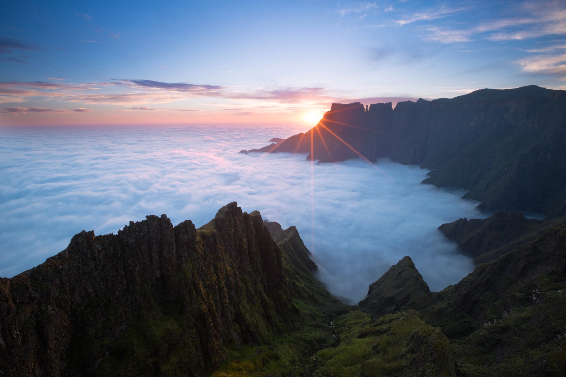 Fine Art African African Landscape Photograph of sunrise above the Drakensberg Amphitheatre in the Souther Africa